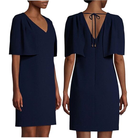 Trina Turk 14 Tropical Cape Sleeve V Neck Tie Back Dress Indigo Classic Business - Picture 1 of 14